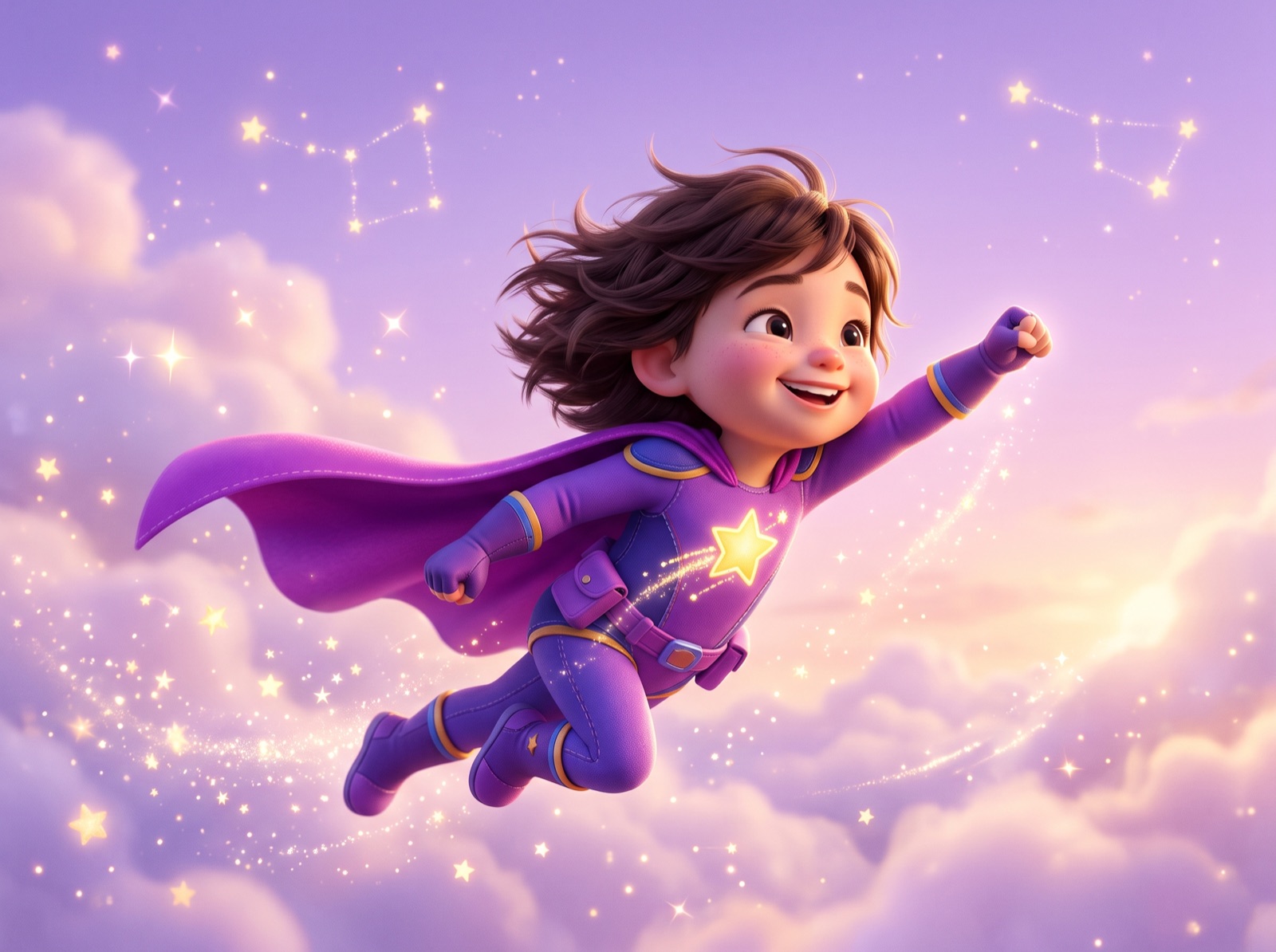 A happy child soaring through the sky as the hero of their own story